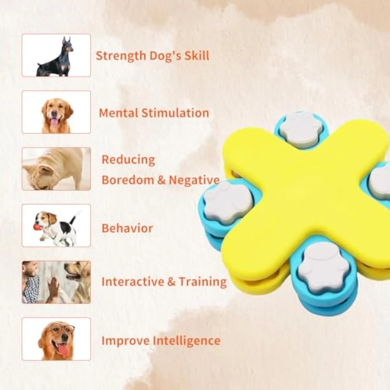 Yellow interactive dog puzzle feeder toy with rotating lids on a non-slip base