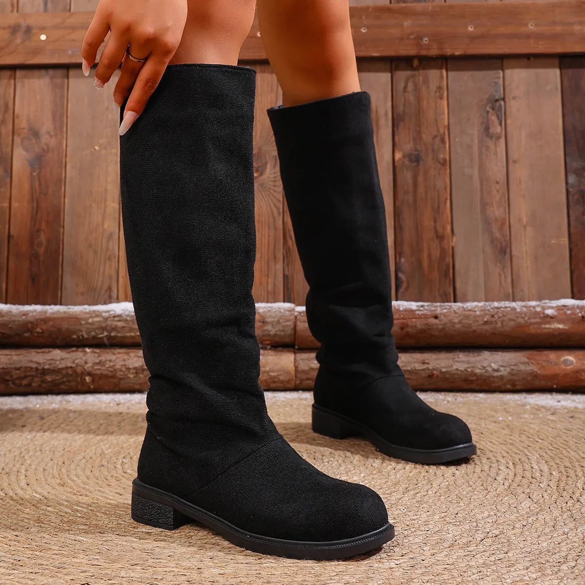 Cow suede high leg chunky heel boots side view