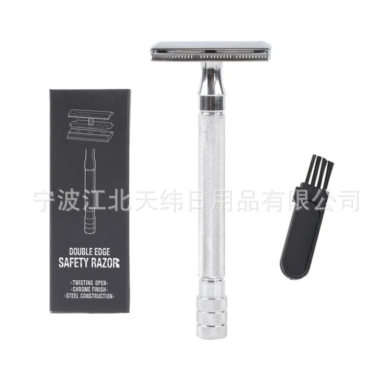Manual beard scraper and brush set in black or silver metal finish