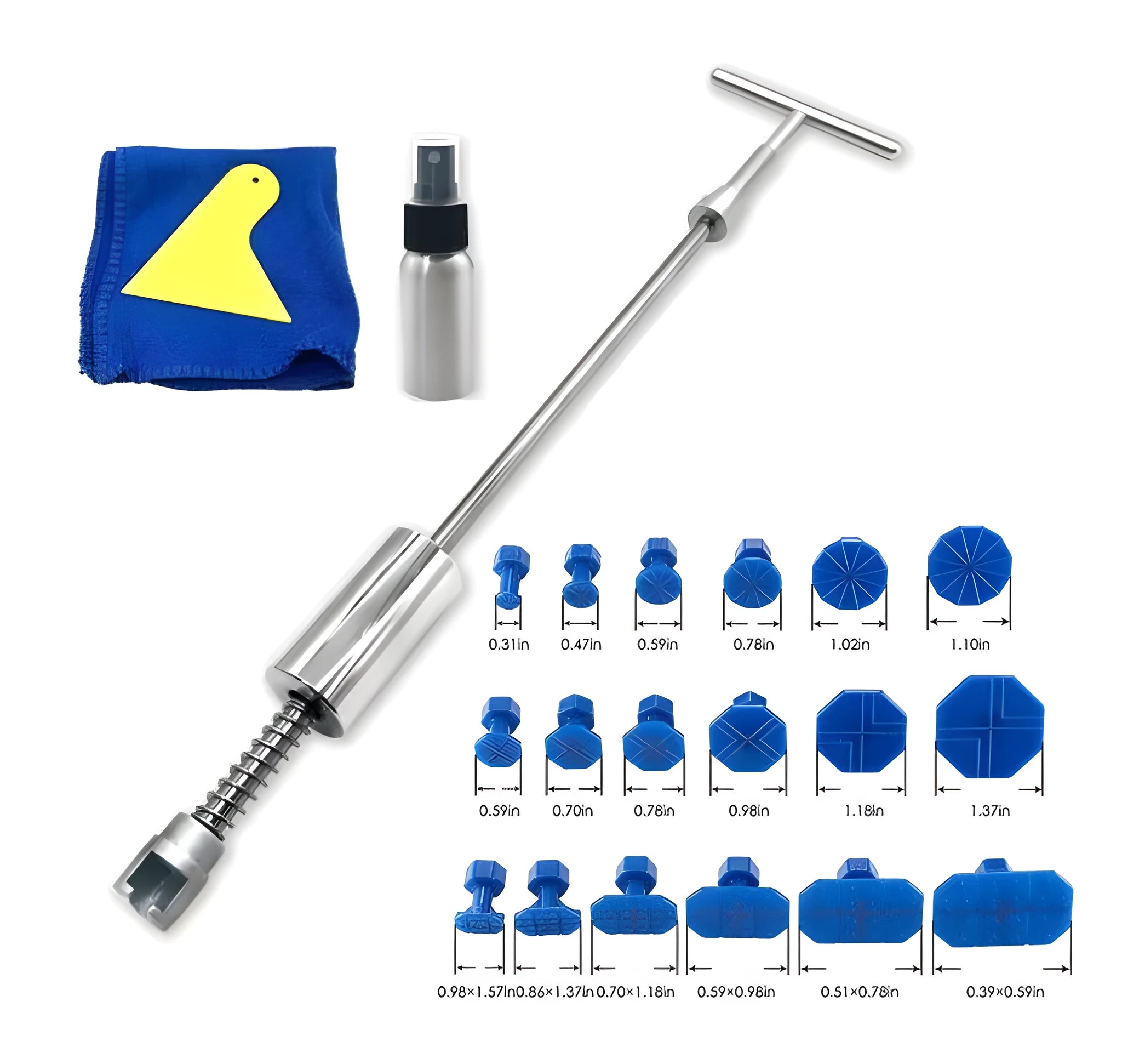 Automotive dent repair tool kit with T-shaped hammer and blue adhesive pads for car body repair