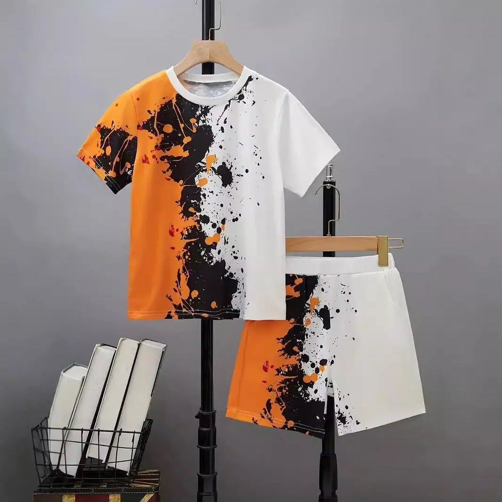 Boys' short sleeve cotton blend t-shirt and shorts set with animal pattern, available in multiple colours