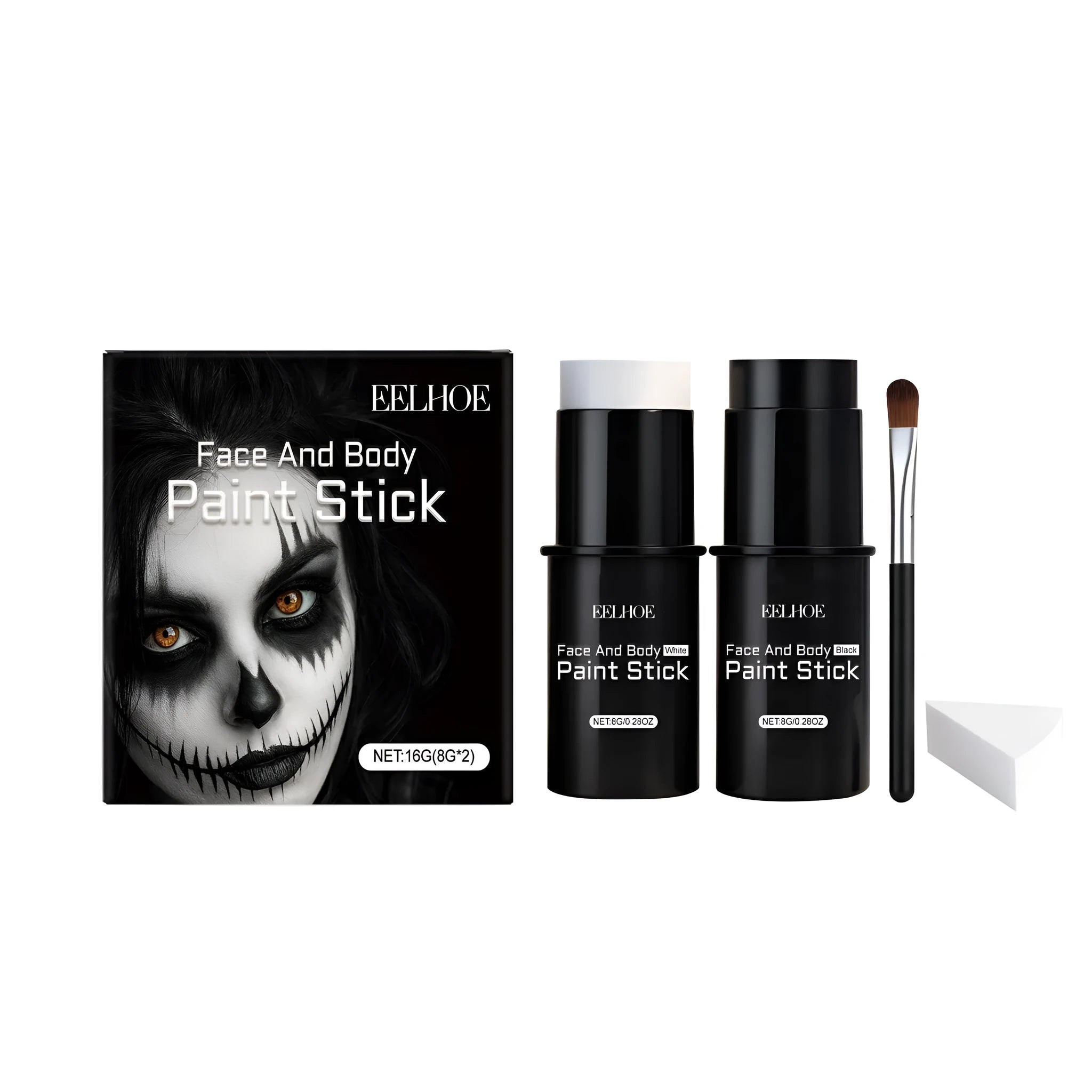 EELHOE black and white face and body paint stick set with sponge and brush on a surface