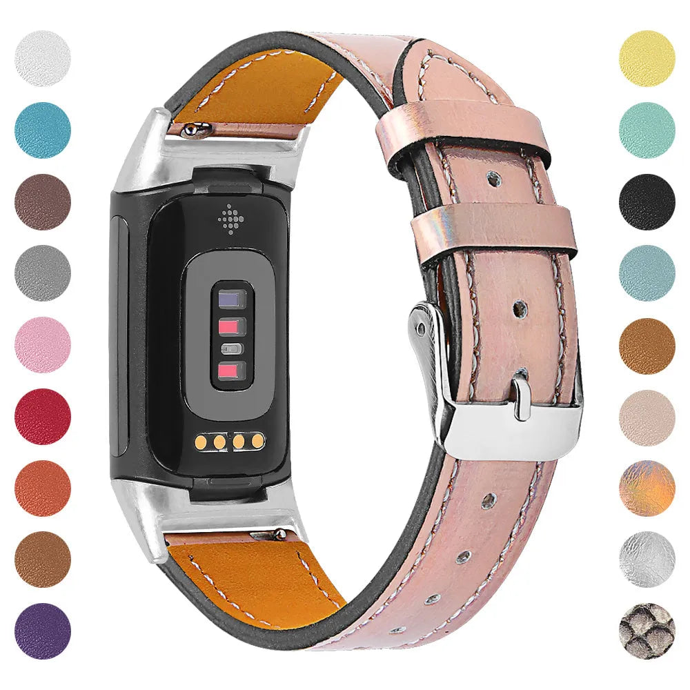 Genuine cowhide leather replacement strap for Fitbit Charge 5 and Charge 6 smart watches in multiple colours.