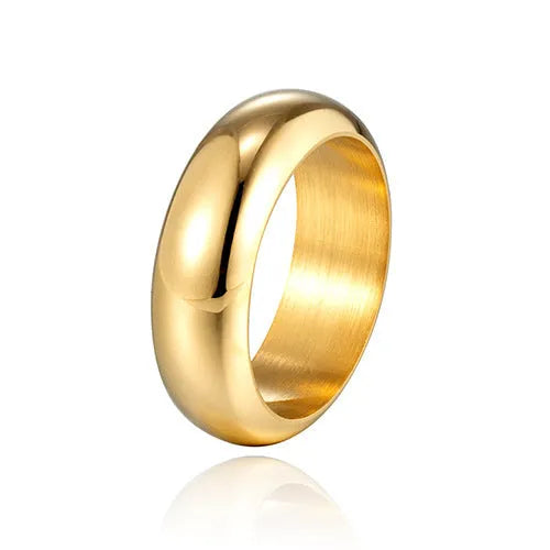 Glossy electroplated titanium steel ring in gold, black, and steel colour showing size range 7-12