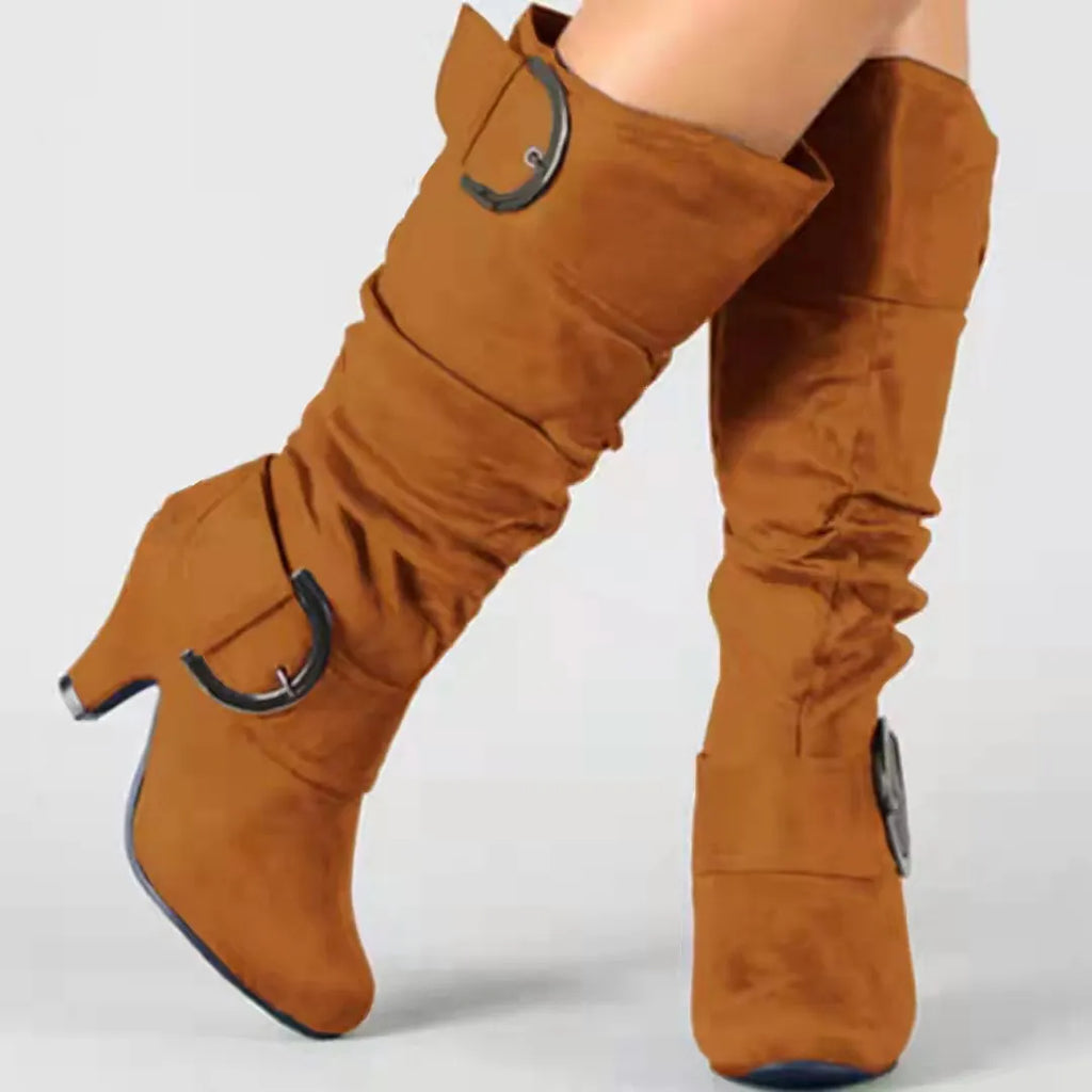 Women's brushed velvet suede high cylinder boots in solid colour with tapered heel and round toe