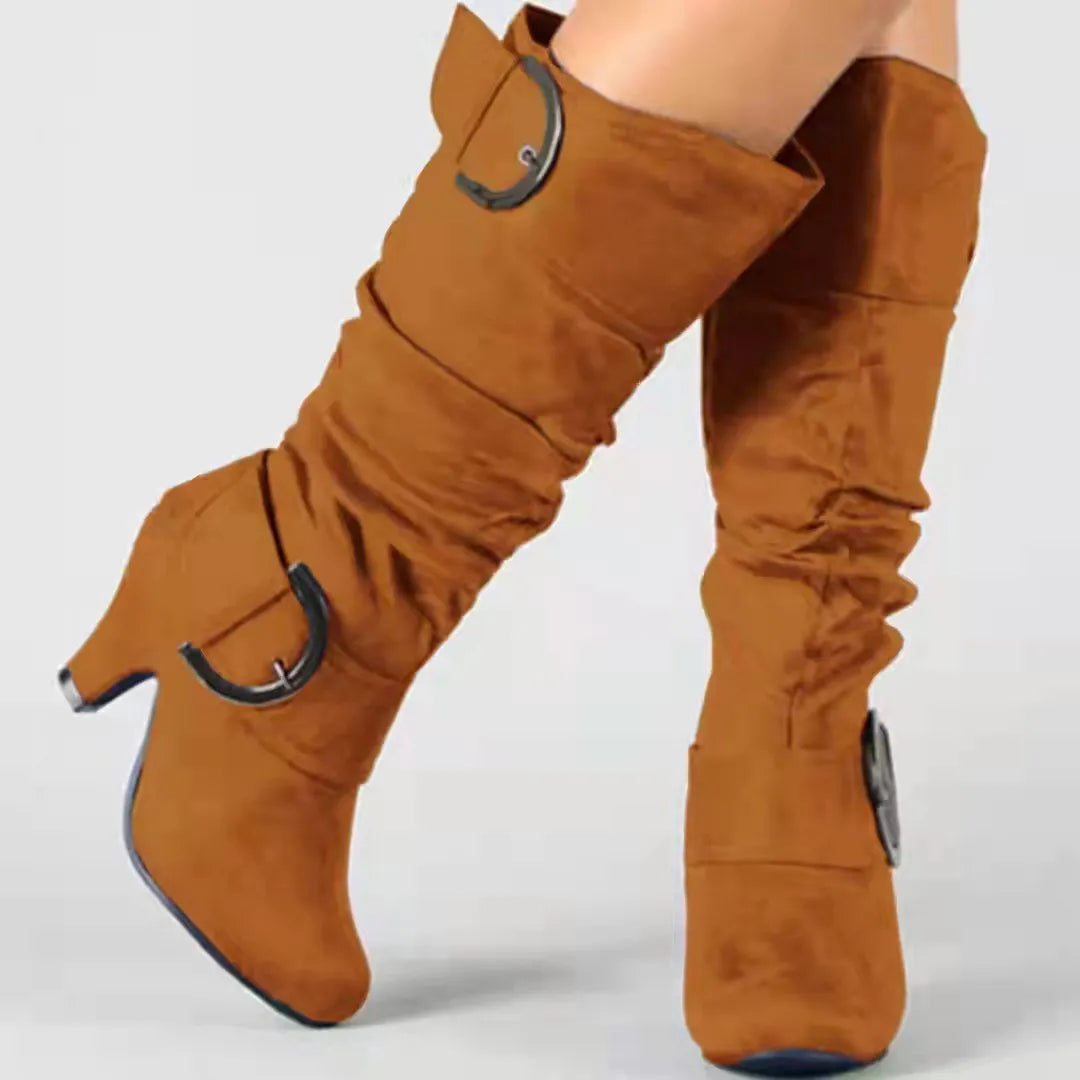 Women's brushed velvet suede high cylinder boots in solid colour with tapered heel and round toe