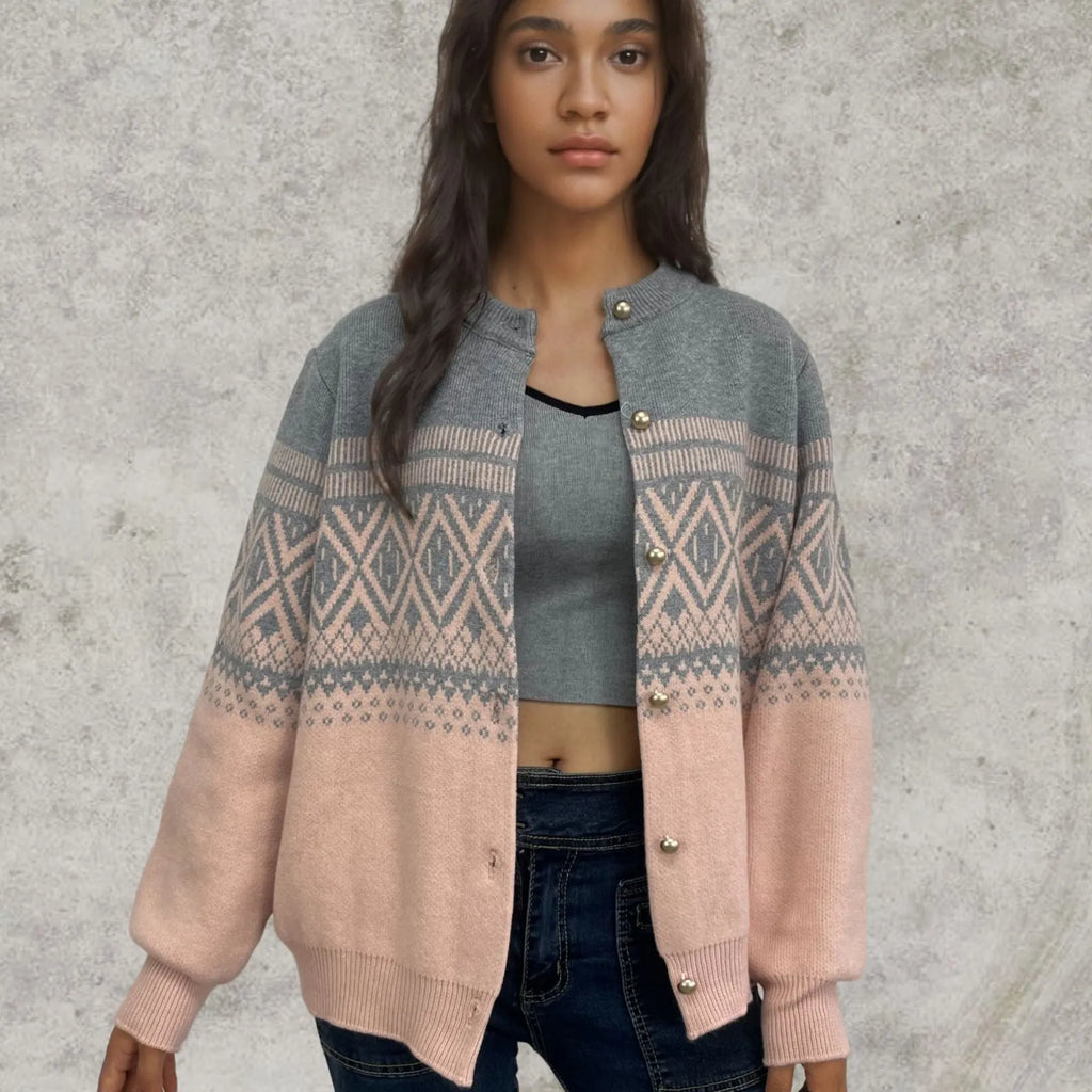 Women's alpaca wool cardigan with contrast colour diamond pattern showing long sleeves and street fashion styling