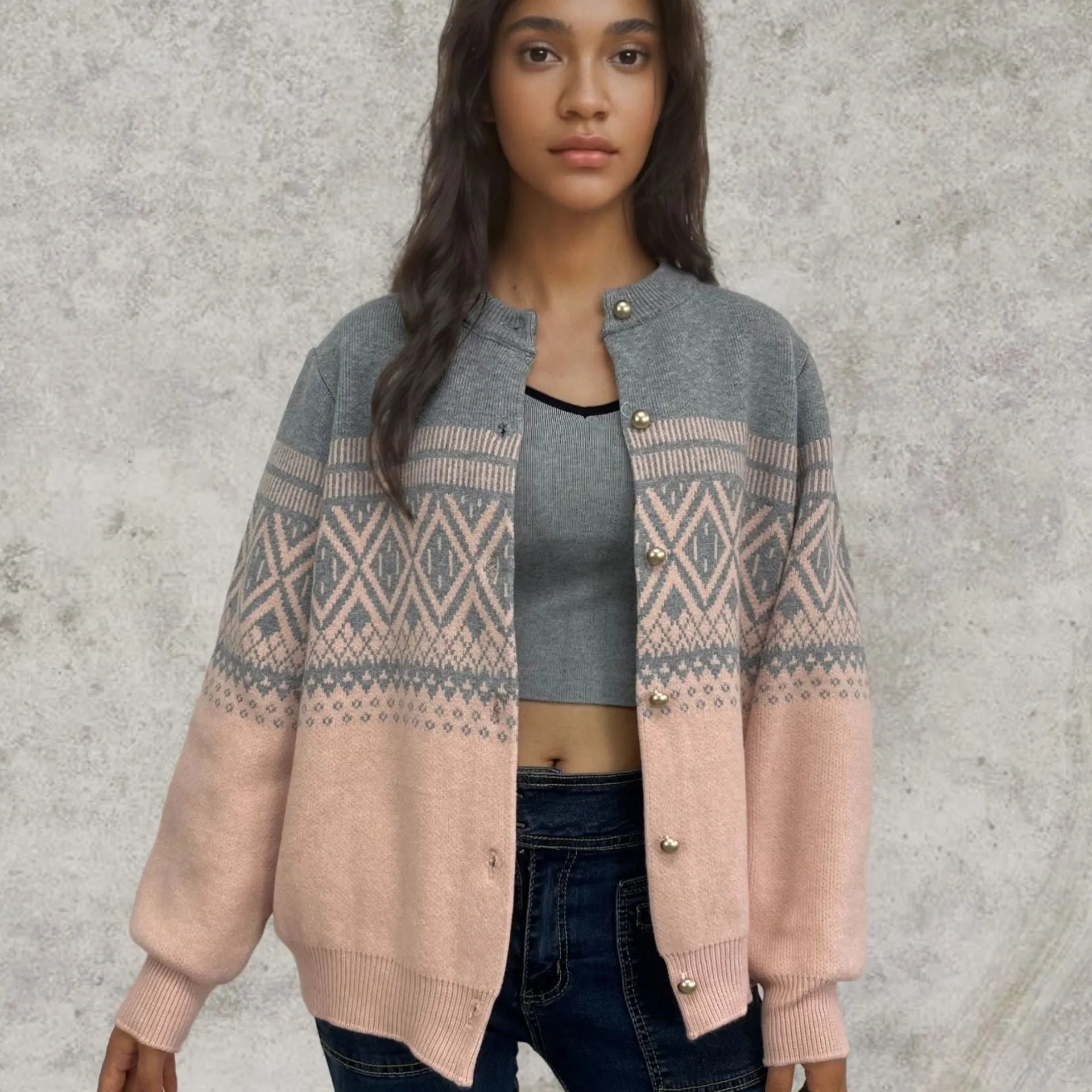 Women's alpaca wool cardigan with contrast colour diamond pattern showing long sleeves and street fashion styling