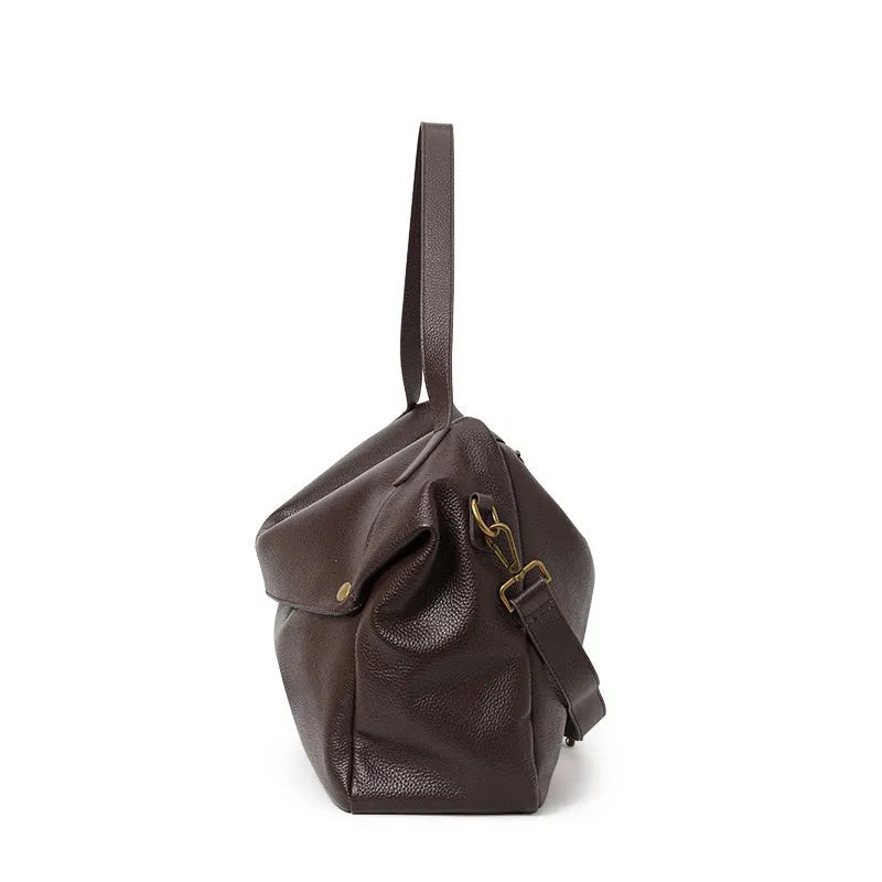 Brown genuine leather women's shoulder bag with horizontal square shape and zippered compartment