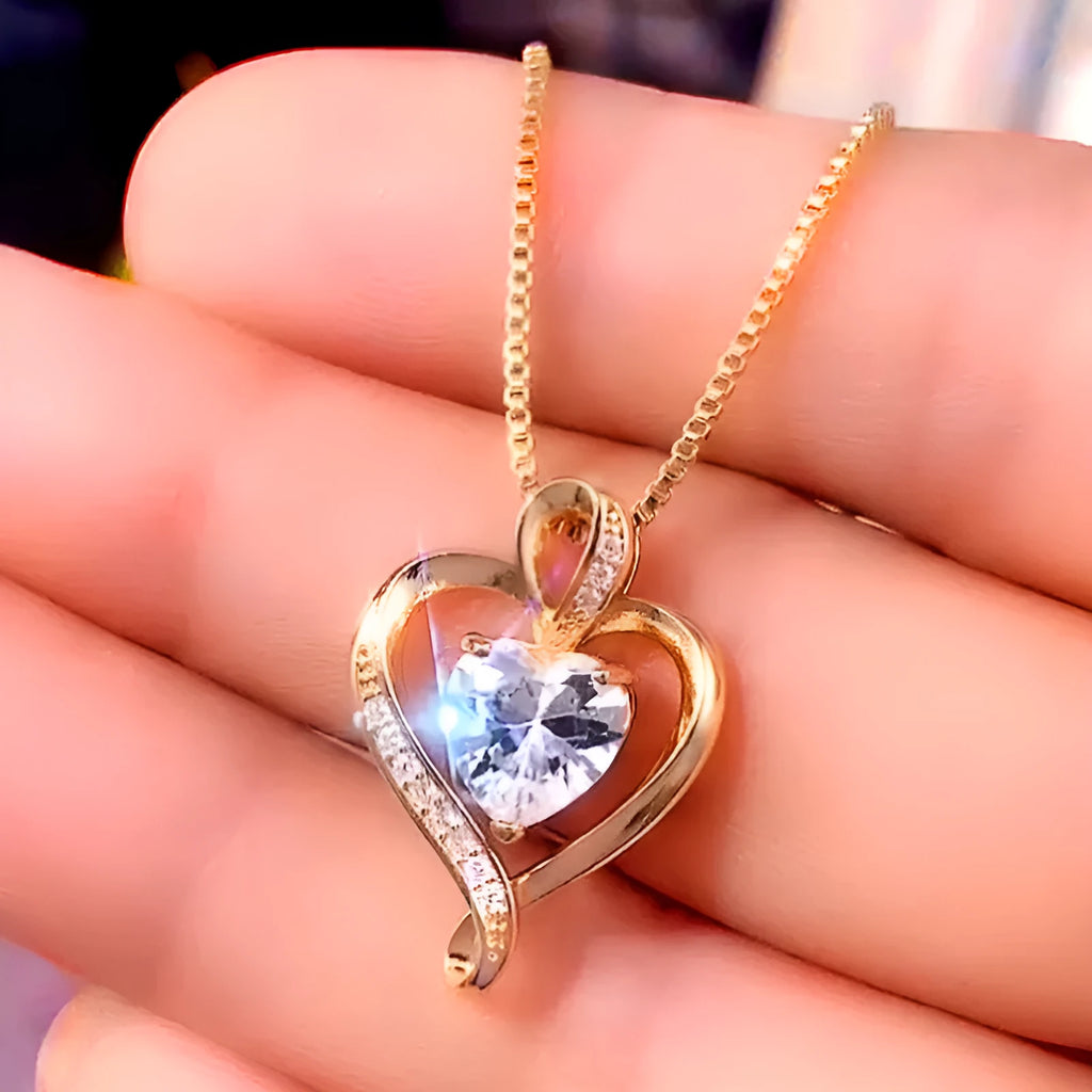 Korean style yellow gold heart copper necklace with inlaid zircon on adjustable O-shaped chain for women