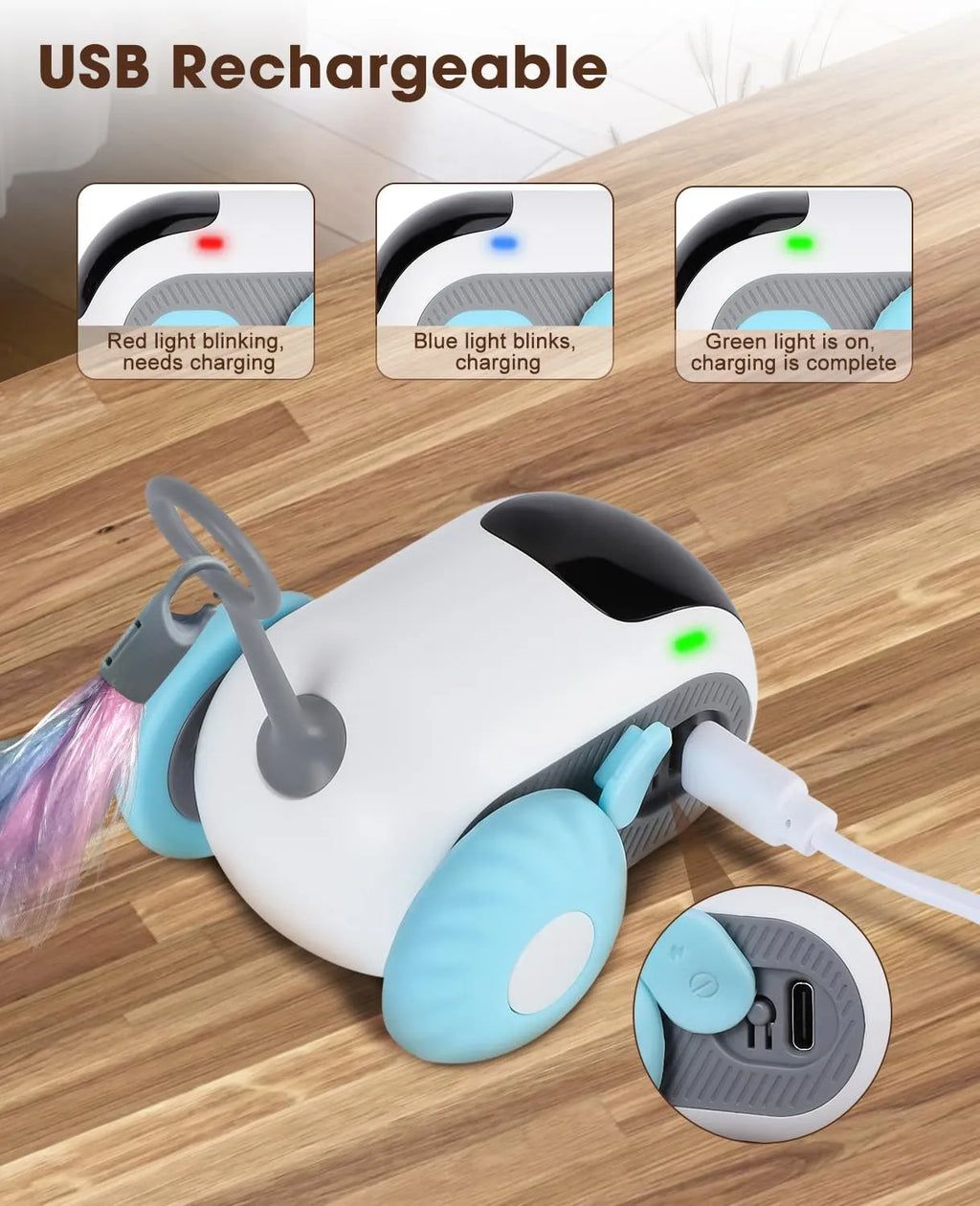 Blue remote controlled toy car with feather attachment for cat play with USB charging cable