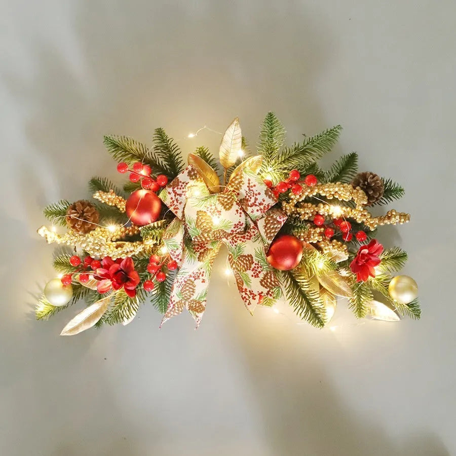 American country style plastic Christmas garland draped on a stair bannister with optional LED lights.