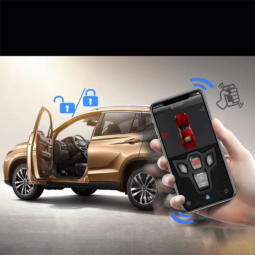 Red and black one-way remote control car alarm system with two remotes for vehicle security.