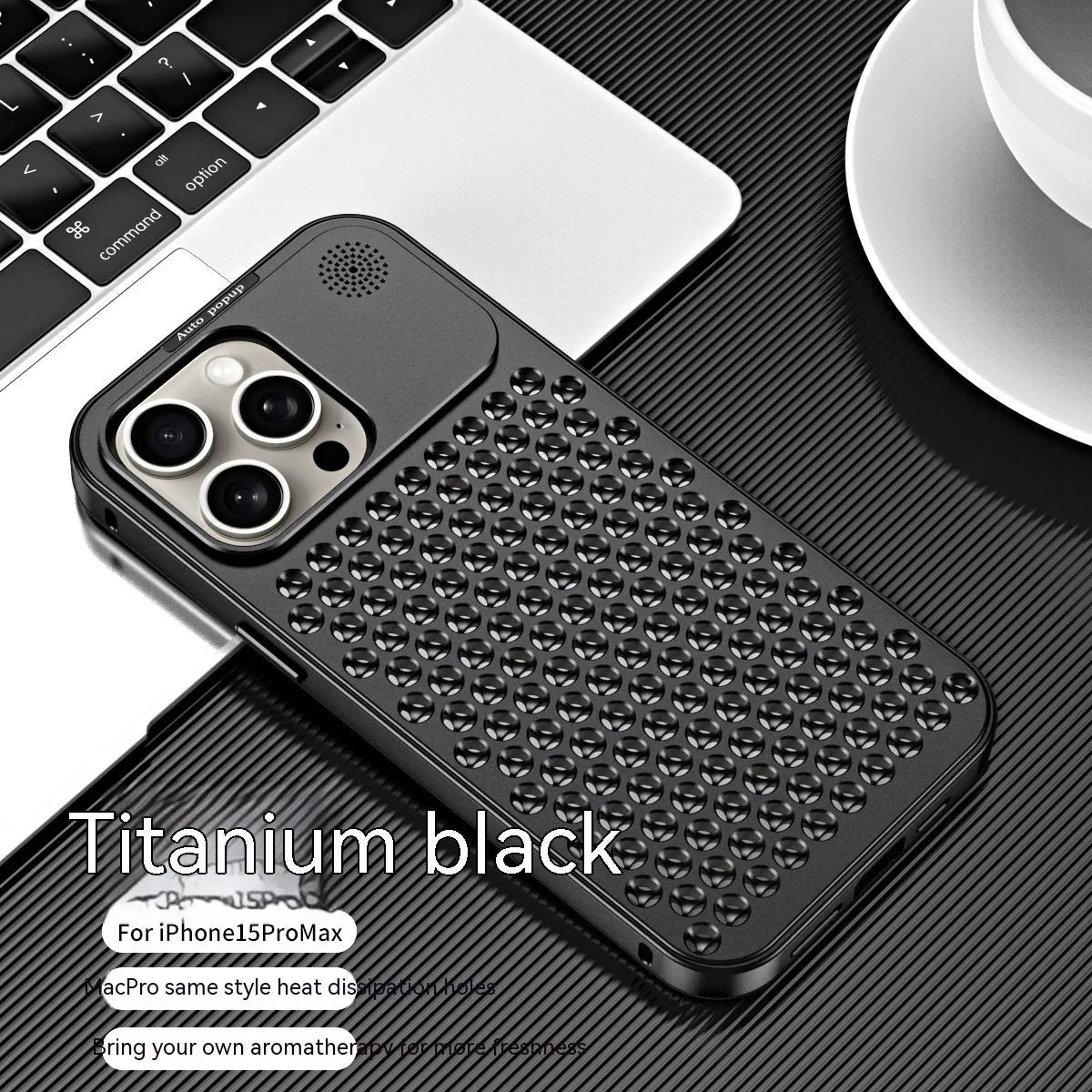 Aluminium alloy spring fastener king aromatherapy phone case for iPhone, frosted finish, magnetic anti-fall, black colour