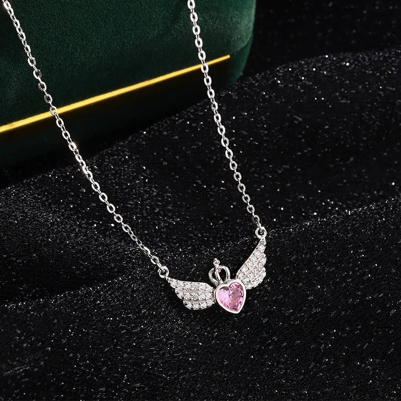 Pure silver crown heart angel wings pendant necklace with white stone and O-shaped chain