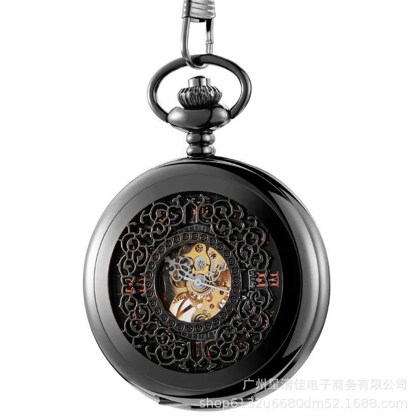 Retro hollow floral print automatic mechanical pocket watch with alloy case and transparent back