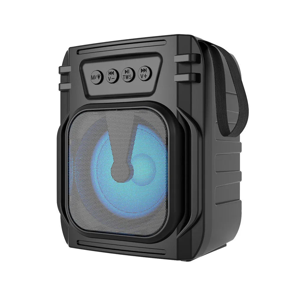 Blue portable Bluetooth speaker with FM radio measuring 110mm high with USB charging cable