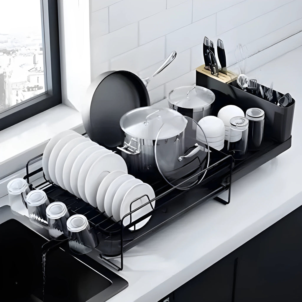 Retractable carbon steel kitchen dish rack for cutlery, knives, forks and cups