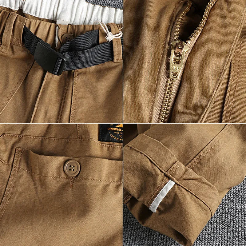 Men's cotton work trousers with buckle belt in khaki colour showing three-dimensional cutting