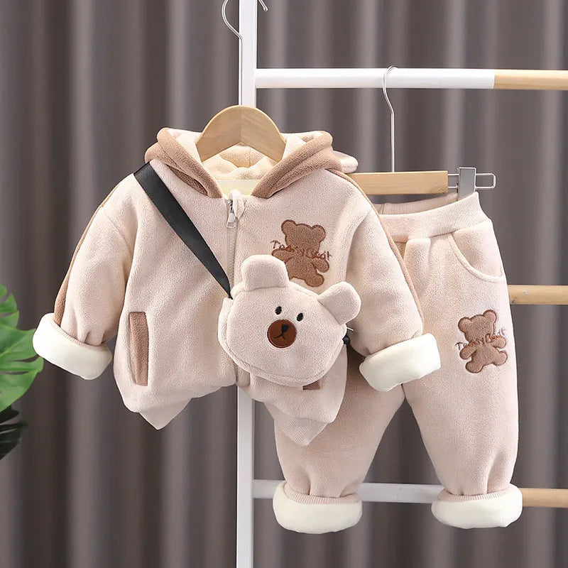 Padded hooded cotton baby winter coat set in beige with trousers, quilted zip-up Korean style
