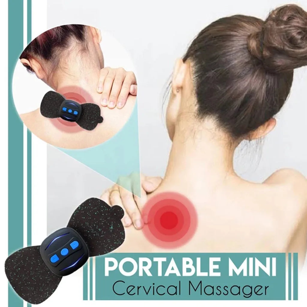 Portable mini neck massager in black with USB cable and single massage patch