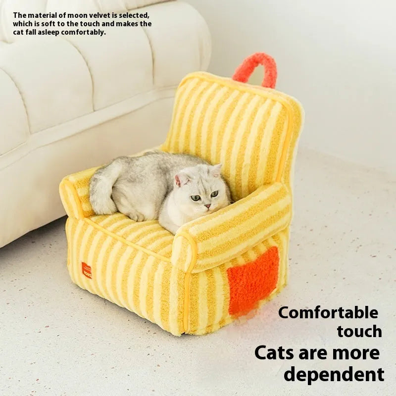 Striped soft velvet dog bed shown in orange, with removable washable design