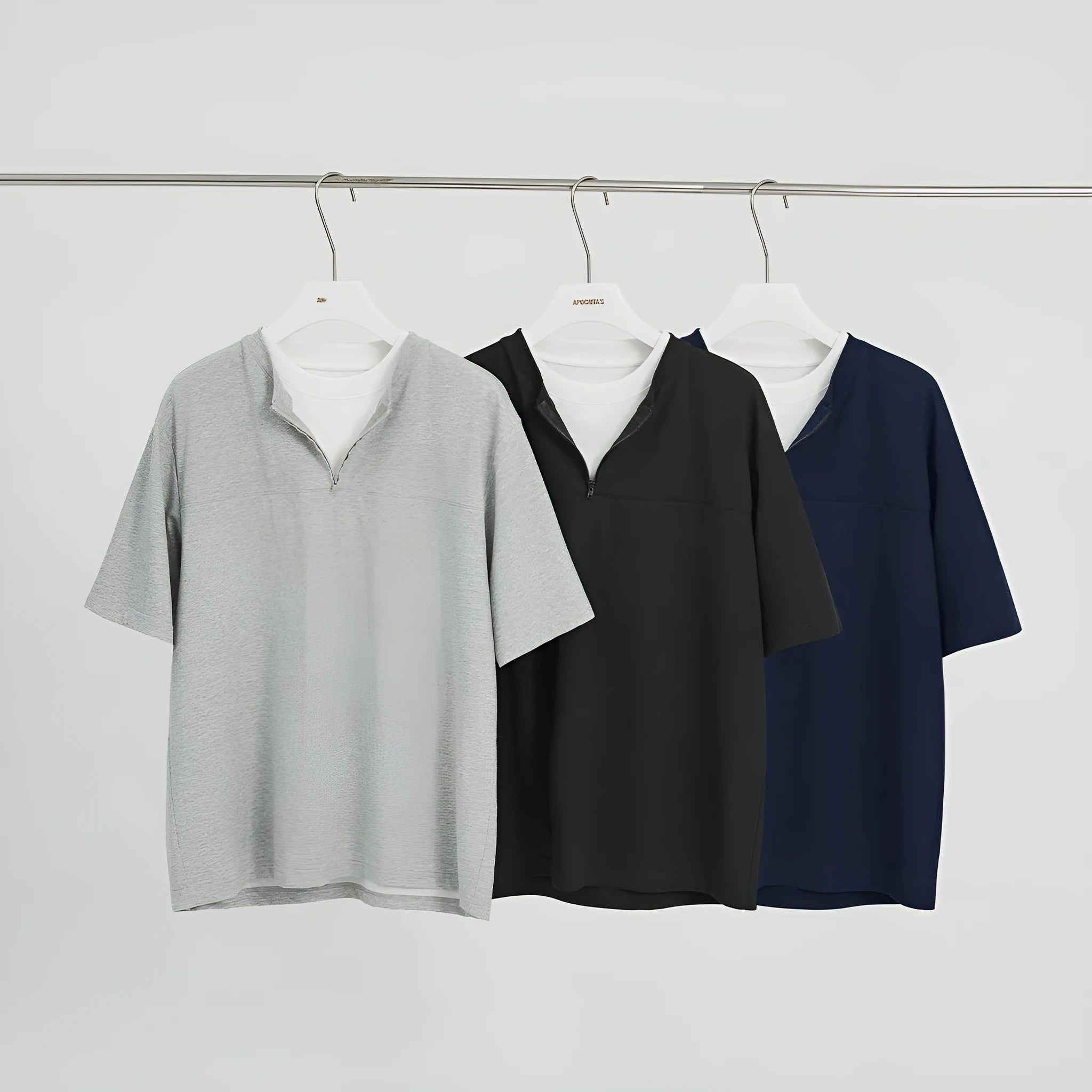 Simple solid colour loose zip false two-piece patchwork top for women in black, cotton blend pullover with collar stitching detail