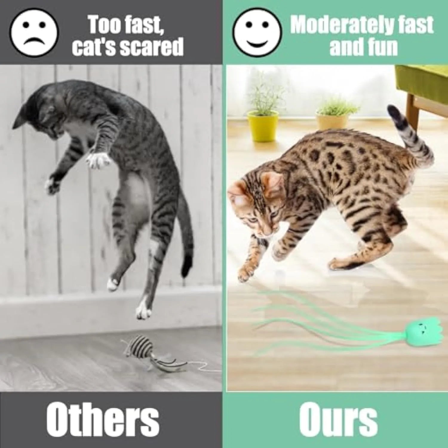 Green automatic cat wand toy with motorised silicone tails swinging, for indoor cat play.