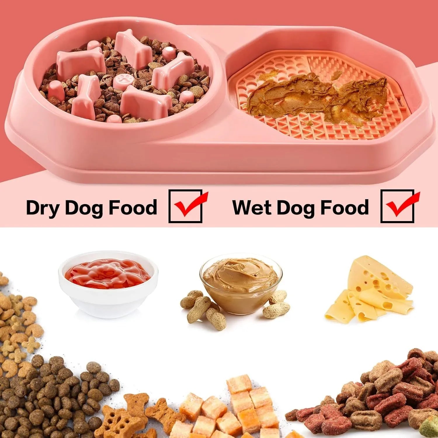 Blue slow feeder dog bowl with raised puzzle maze pattern and non-slip pads, shown from above.