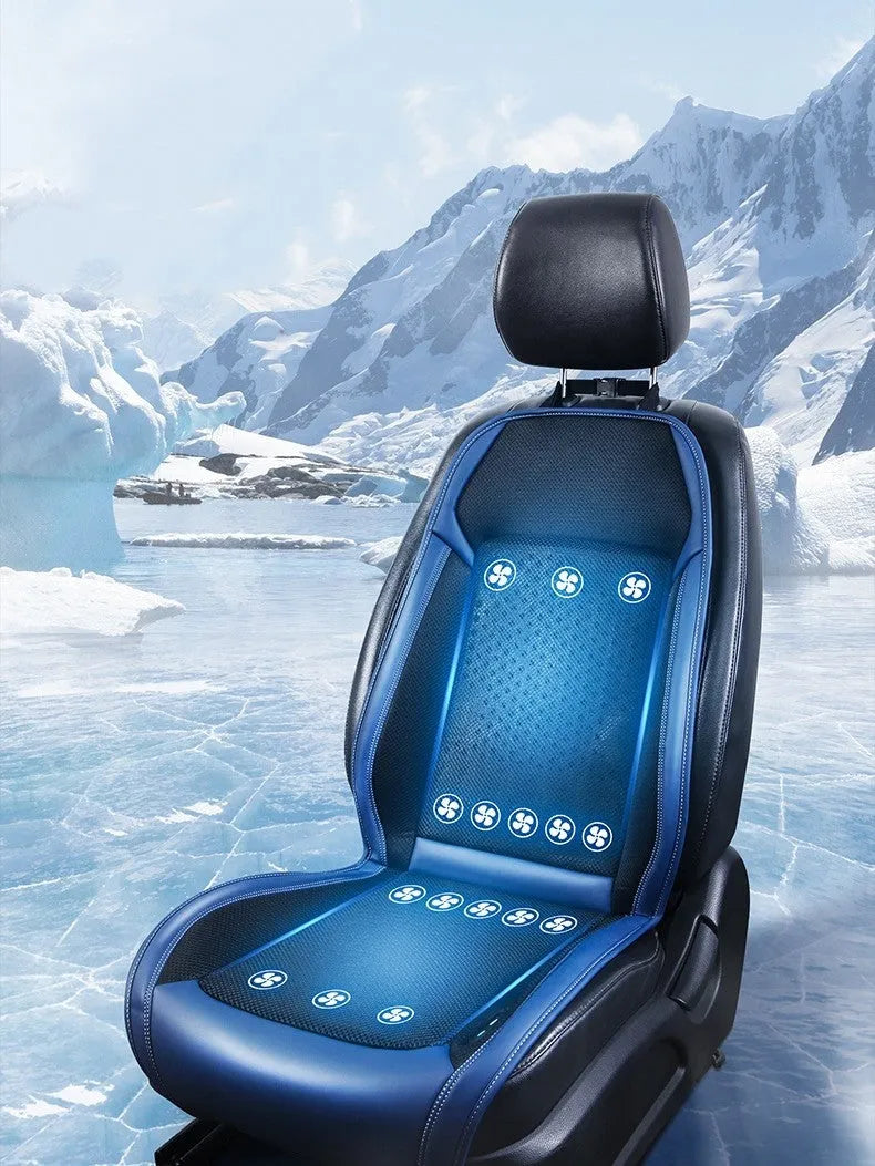 Car seat cooling pad with solid colour design showing USB and 12V power connections