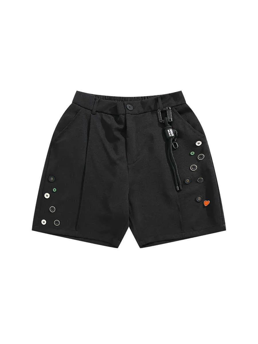 Black loose-fitting semi-elastic men's shorts with a colour button and zip fly