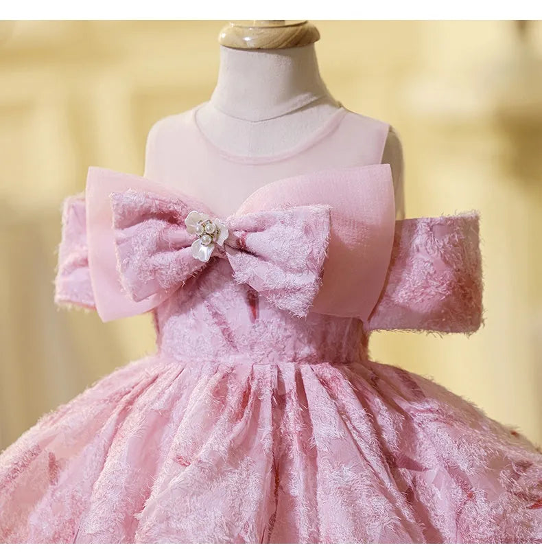 All-match off-shoulder girls' bowknot pettiskirt in pink cotton polyester for height 90-160cm