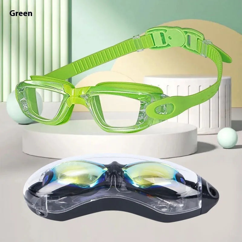 Children's large frame anti-fog swimming goggles in blue with silicone straps and glasses case