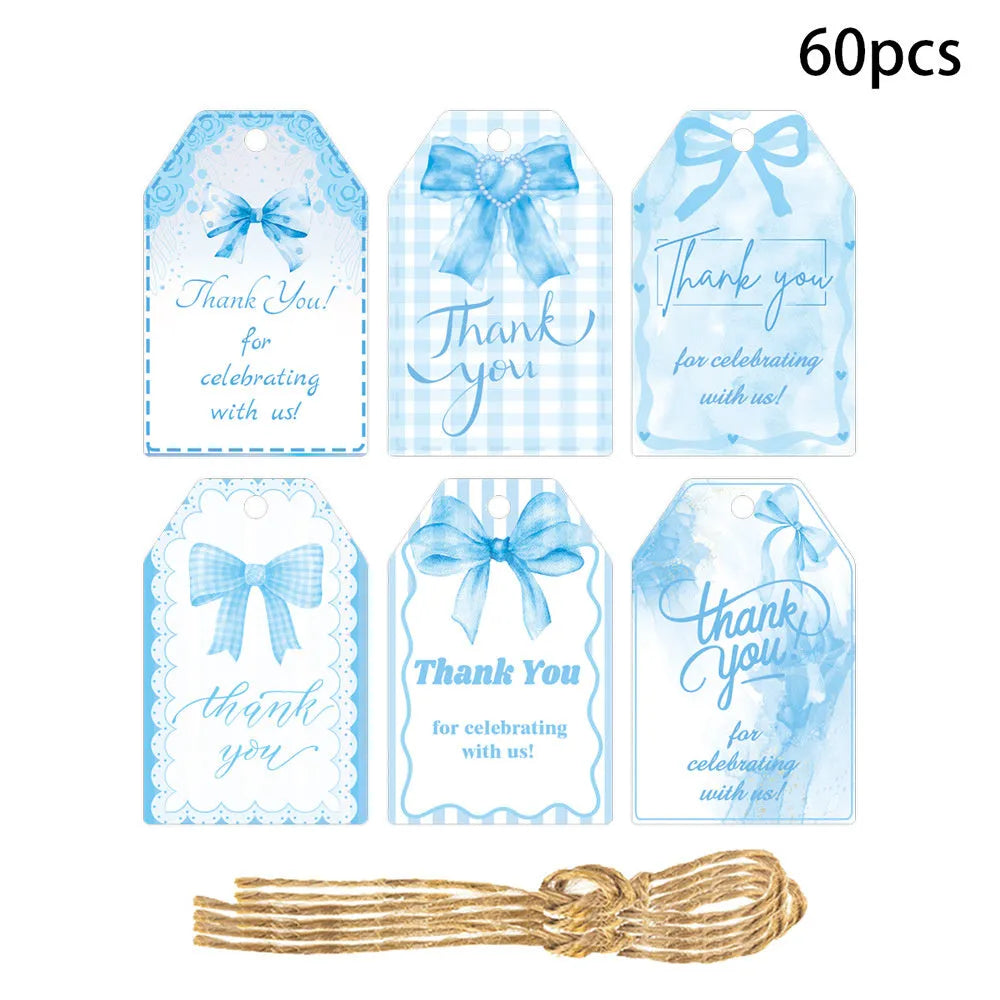 Creative bowknot gift label tags set showing three decorative styles with natural hemp rope ties