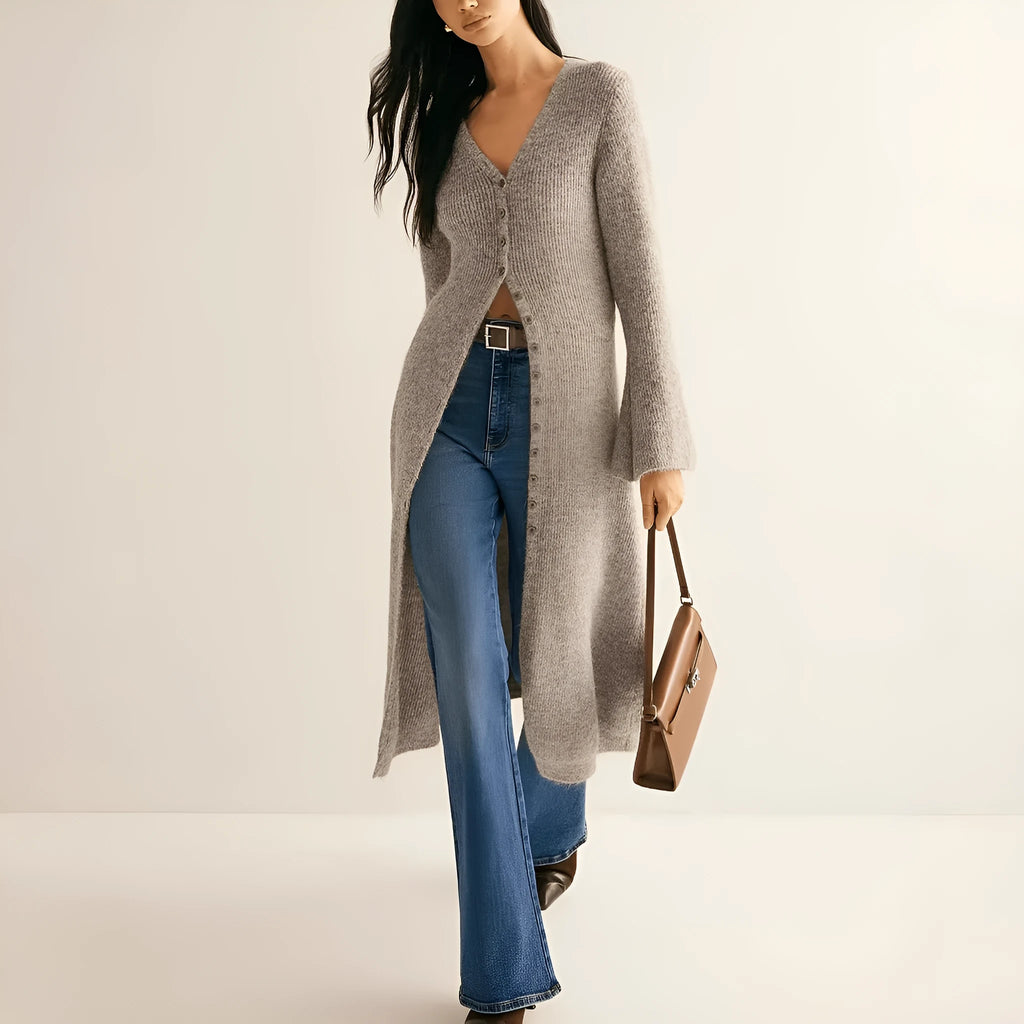 Khaki French style long sleeve cardigan coat with button front closure