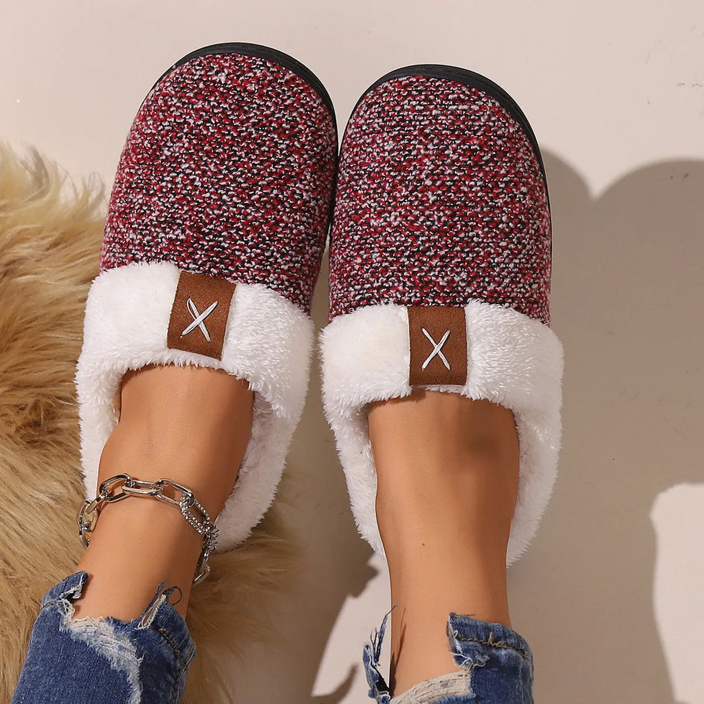 Winter plush slippers with thick bottom and round toe in burgundy, black, and light gray