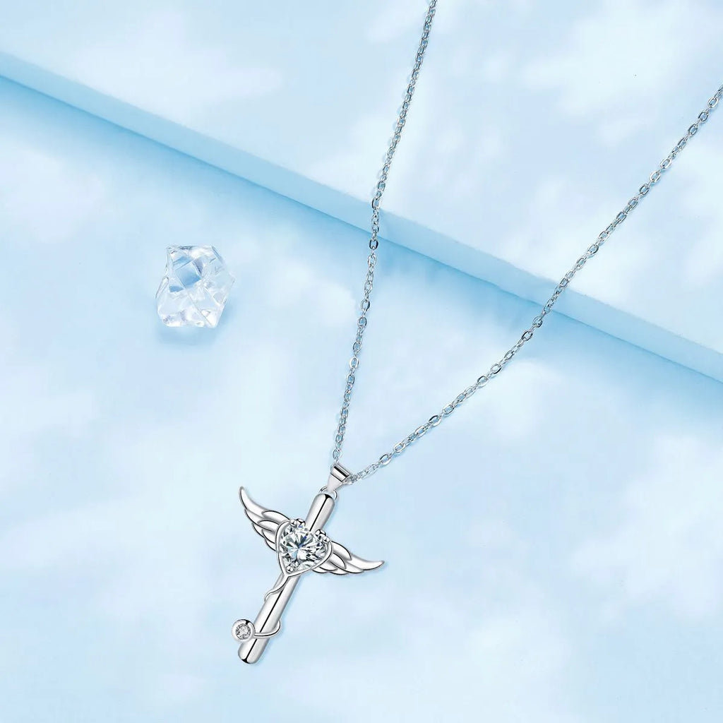 Copper cross stethoscope necklace with wings charm in white diamond or red diamond electroplated finish