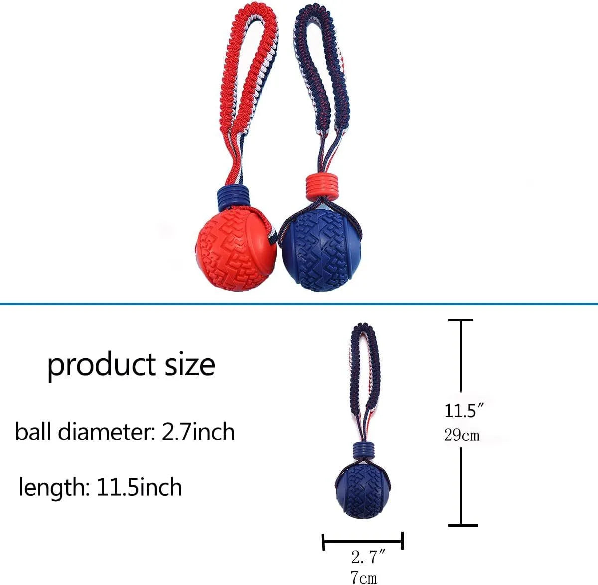 Blue dog toy with a textured rubber ball attached to a cotton rope, shown on grass.