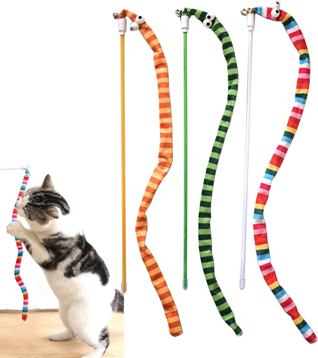 Cat wand toy with colourful plush strip attached to polycarbonate pole, shown in green colour option