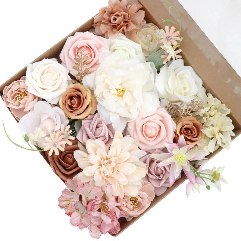 Silk flower bouquet in Lotus Pink Champagne Rose gift box with half-handmade arrangement on white background.