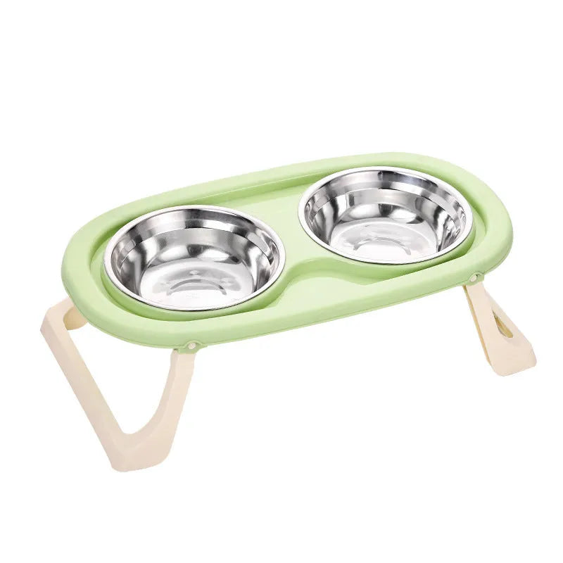 Foldable pet bowl set with dual compartments in white purple and green colours plastic or stainless steel options