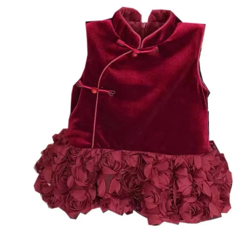 Girls' fashion velvet padded cheongsam dress with floral pattern in bud skirt colour for heights 80-140cm