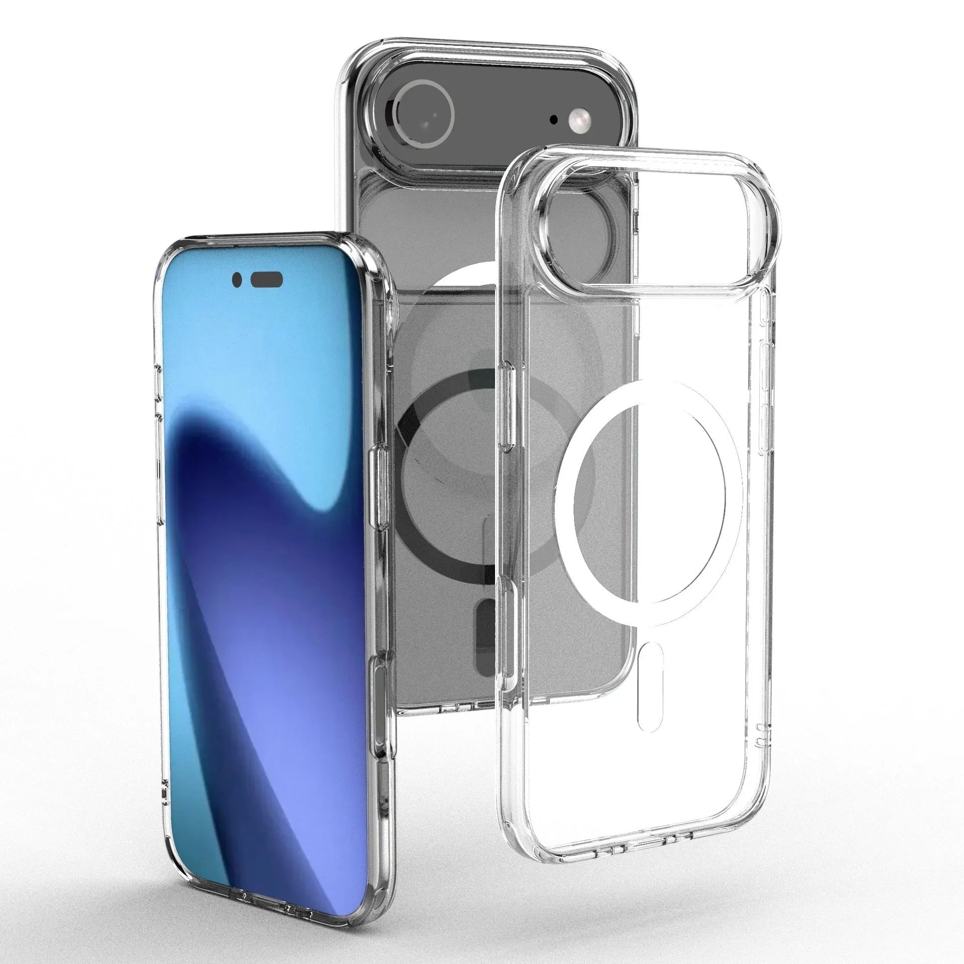 Transparent magnetic TPU composite phone case for iPhone 17, 17 Pro, and 17 Air models.