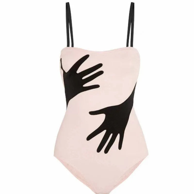 Women's one-piece bikini swimsuit with a gauze skirt in polyester fabric.