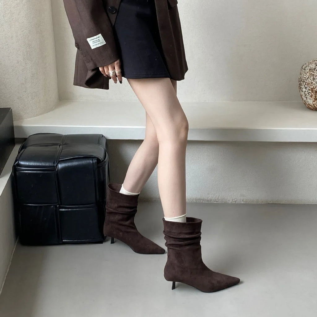 Women's pointed toe low heel stiletto mid-calf boots in khaki with slip-on style and fringe detail