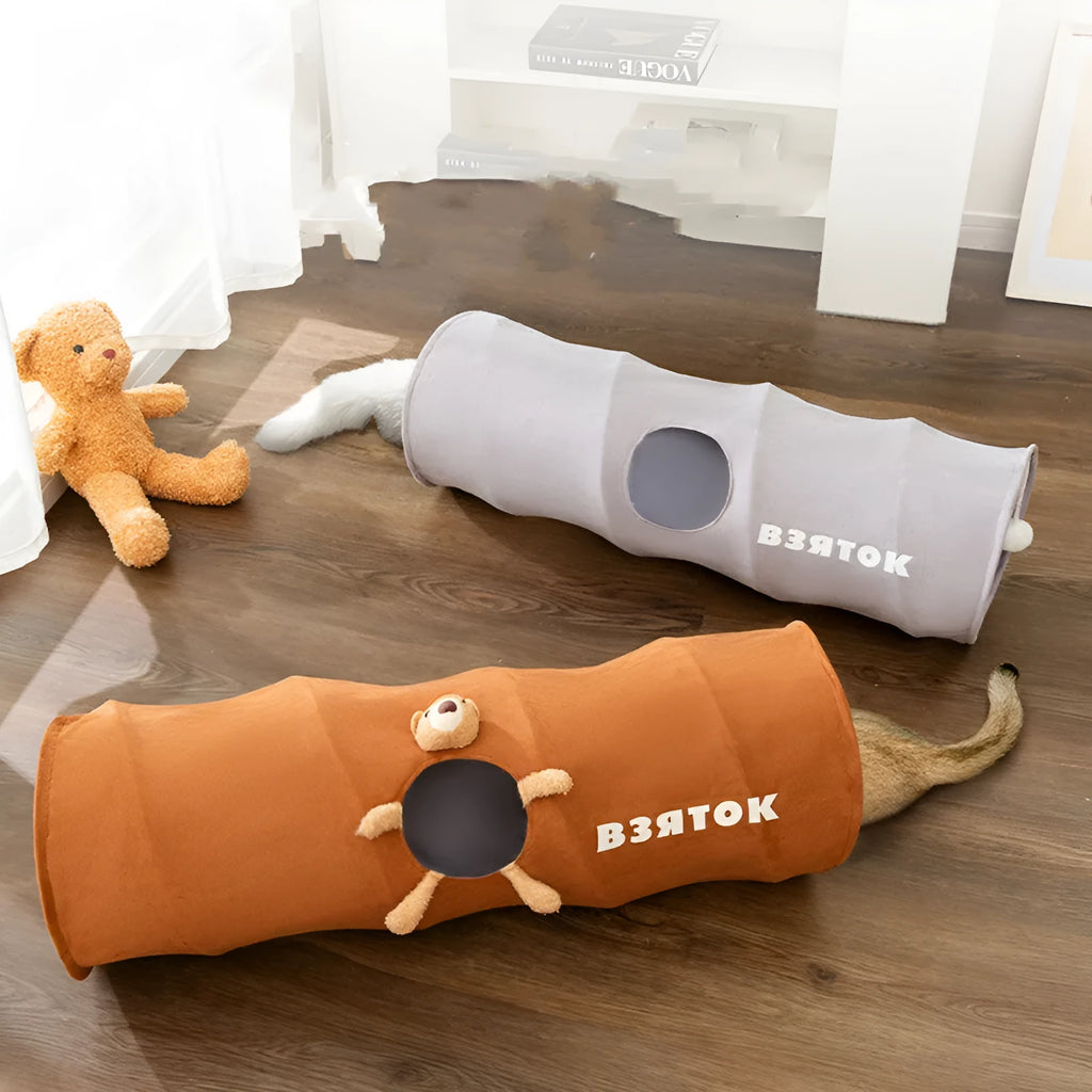 Foldable cat tunnel in brown bear colour, straight shape, made from polyester taffeta, small 0.8m size