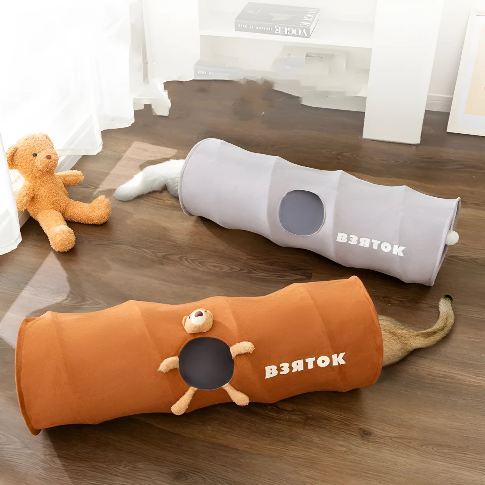 Foldable cat tunnel in brown bear colour, straight shape, made from polyester taffeta, small 0.8m size