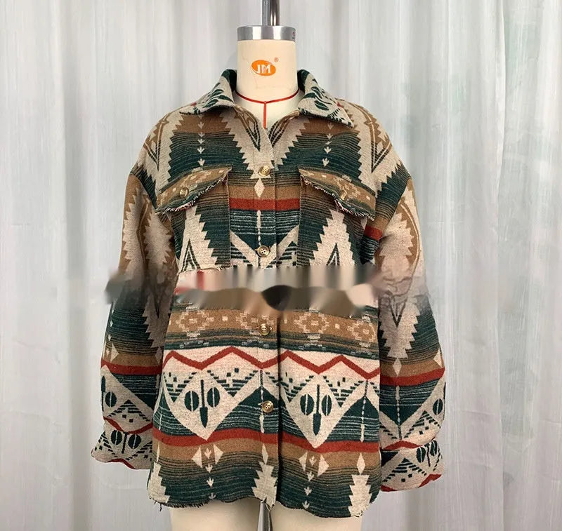 Women's retro style Aztec printed woolen coat in loose fit with long sleeves