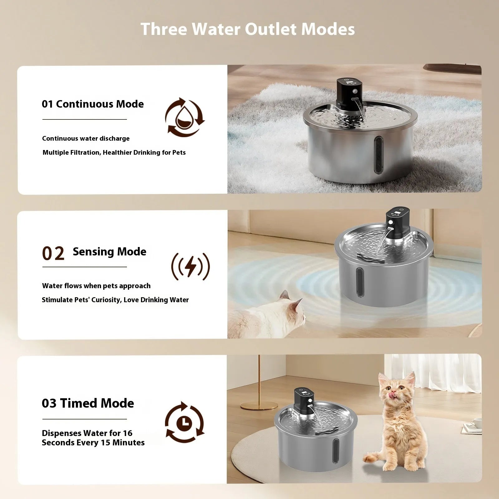 Stainless steel pet water fountain with digital temperature base for cats and dogs