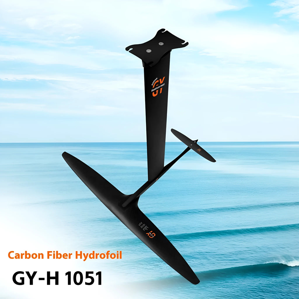 Black hydrofoil surfboard component with aluminium alloy and carbon fibre construction